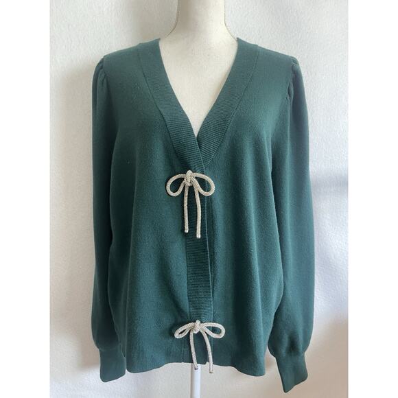 Women's Express Bow Cardigan V-neck Sweater Long Sleeves June Bug Dark Green 2XL - Picture 4 of 12